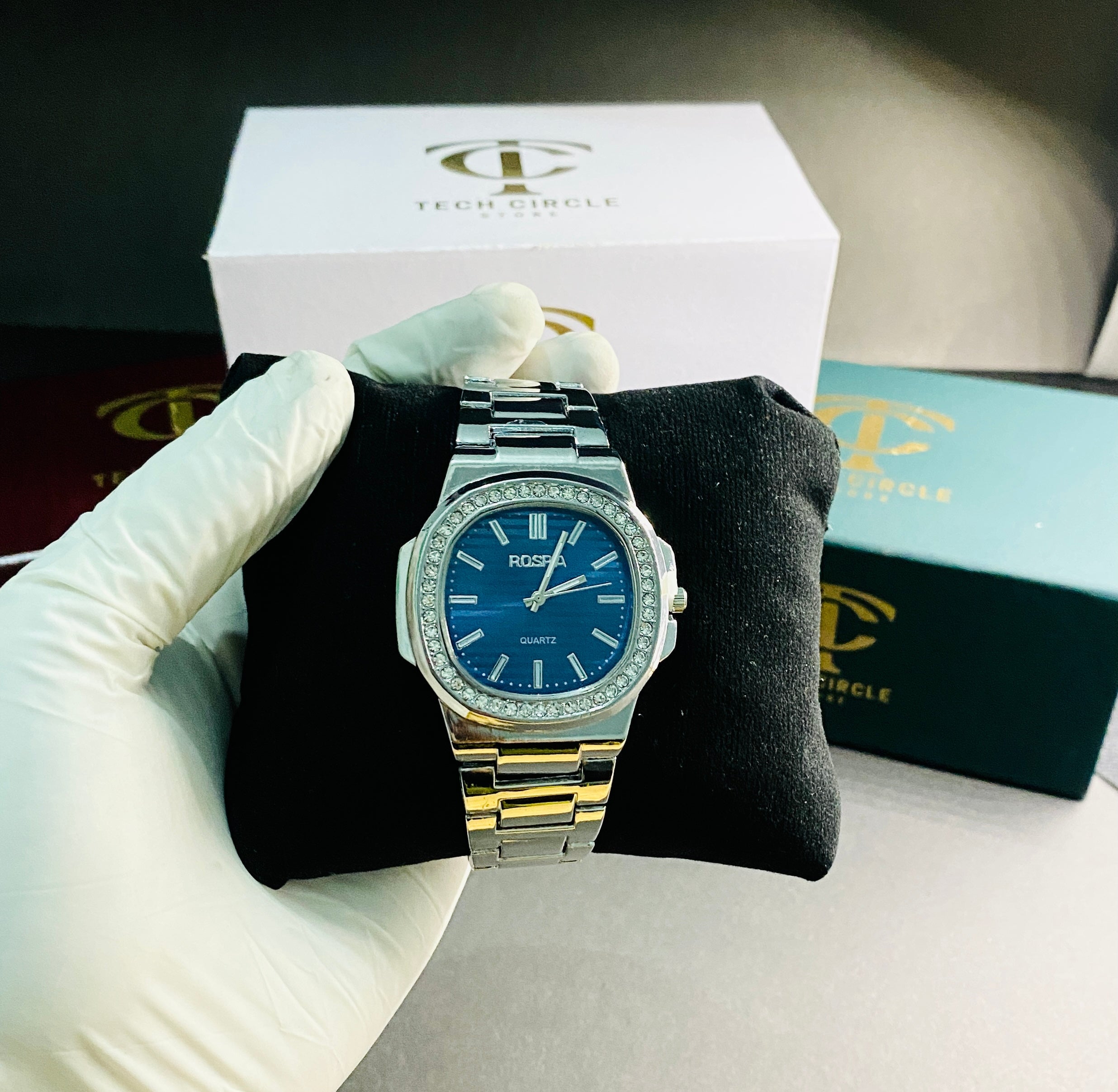 Patek Luxury Diamond  Silver & Royal Blue Watch